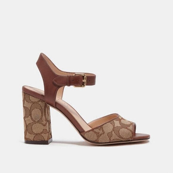 Coach Marla Sandal Women's khaki/saddle Signature Jacquard Buckle Block Heel - Picture 1 of 5